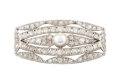 Lot 239 - A pearl and diamond panel brooch, the...