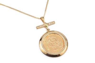 Lot 347 - A diamond set half sovereign pendant on chain,...