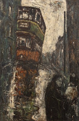 Lot 367 - Herbert Whone (1925-2011) Tram and Figures oil...