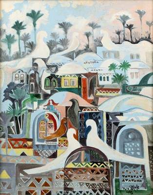 Lot 185 - Ali Bayoumi (1955-2019) Doves and rooftops,...