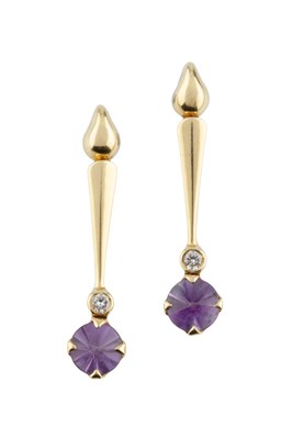 Lot 83 - A pair of amethyst and diamond ear pendants,...