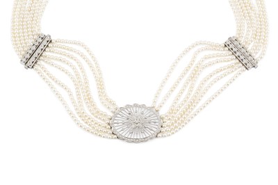Lot 228 - A cultured pearl and diamond set choker...