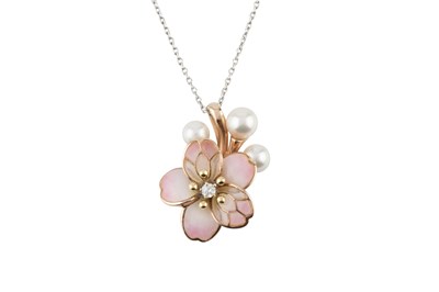 Lot 243 - An enamel, cultured pearl and diamond flower...