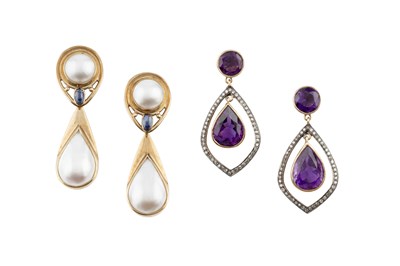 Lot 81 - A pair of amethyst and diamond ear pendants,...