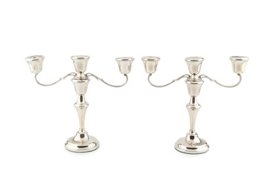 Lot 790 - A pair of of silver three light candelabra,...
