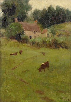 Lot 302 - William Brock (1874-1934) Cattle grazing by a...