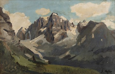Lot 439 - Gottfried Hofer (1858-1932) A mountain valley,...