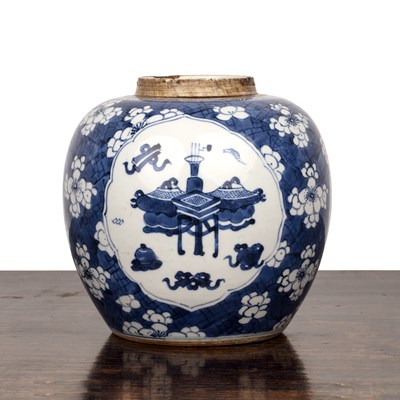 Lot 5 - Blue and white jar Chinese, Kangxi painted...