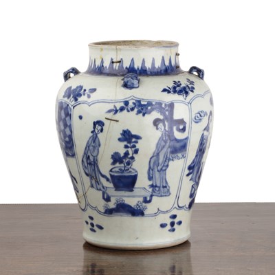 Lot 24 - Blue and white porcelain jar with four lug...