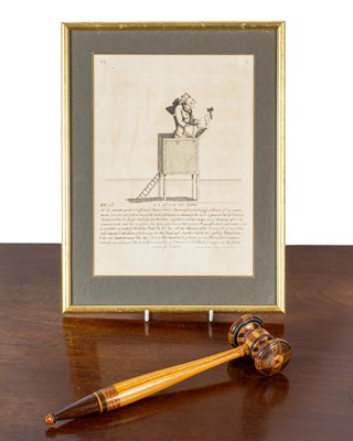 Lot 475 - An antique framed print depicting an auctioneer and a decoratively turned wooden gavel