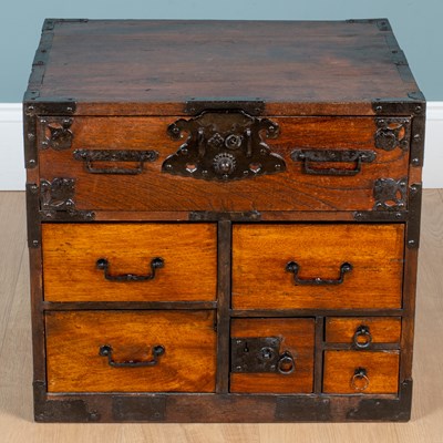 Lot 94 - A Japanese stained pine and iron-bound tabletop chest
