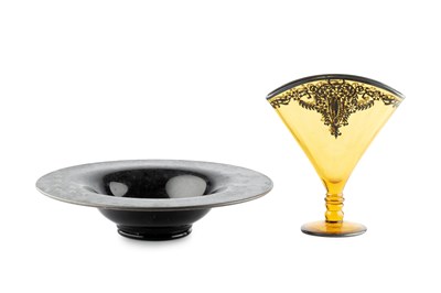 Lot 604 - Art Nouveau Fan Vase yellow glass with silver...