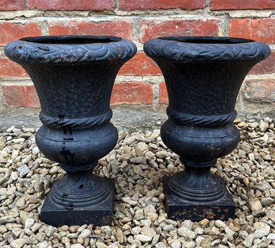Lot 1043 - A pair of small cast iron urns