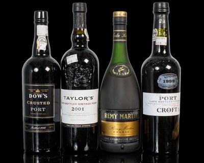 Lot 1010 - Three bottles of port and a bottle of cognac
