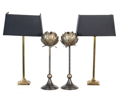 Lot 192 - A pair of side table lamps, together with two wireless uplighter lamps