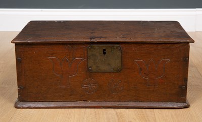 Lot 490 - An 18th century oak bible box, with lock plate...
