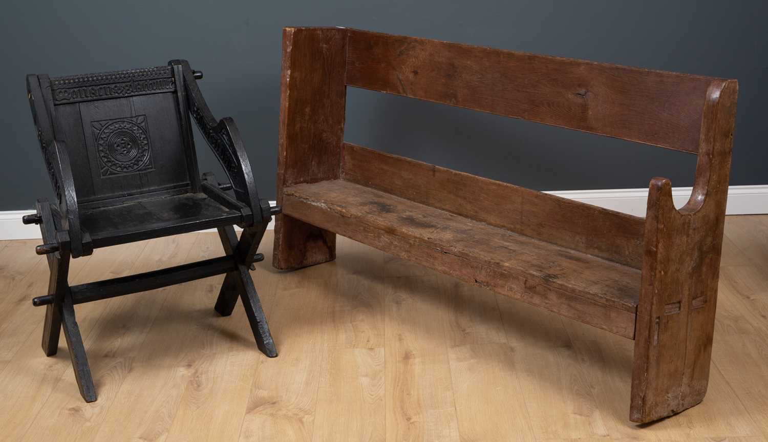 Lot 470 - An antique oak high back pew or bench 171cm...