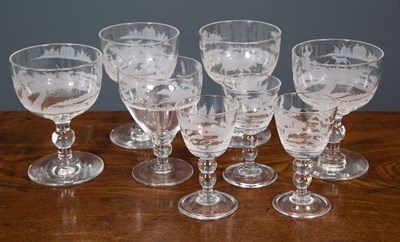 Lot 431 - A set of glasses engraved with hunting scenes...