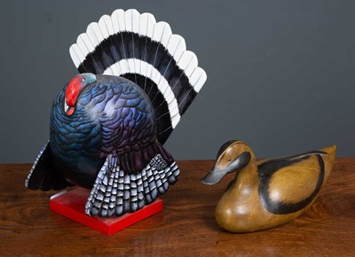 Lot 50 - A carved wooden and painted Turkey, 33cm high,...