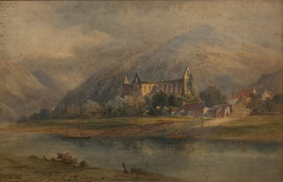 Lot 52 - Struan Robertson a river landscape with a ruin...