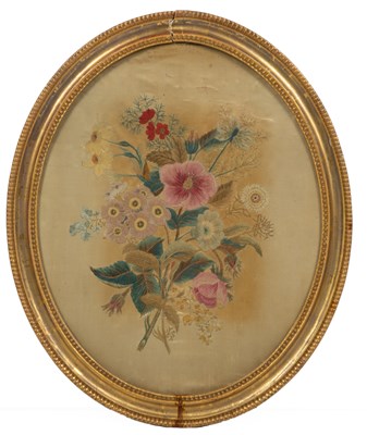 Lot 614 - A silk panel embroidered with a posy of...