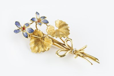 Lot 36 - An enamel floral spray brooch, modelled as a...