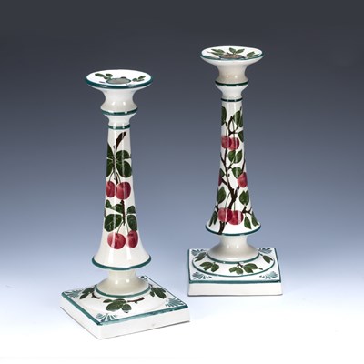 Lot 273 - Pair of Weymss candlesticks decorated with...