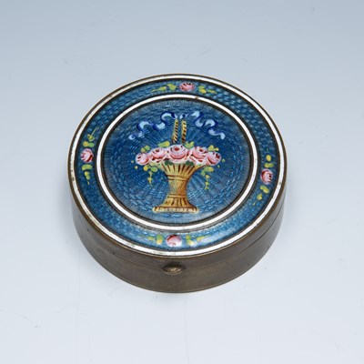 Lot 318 - Blue enamel and brass pill box circa 1900,...