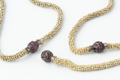 Lot 106 - Three seed pearl necklaces with gem set clasps,...