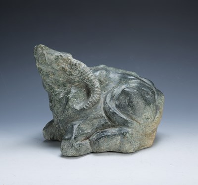 Lot 366 - Carved hardstone figure of a recumbent ram...