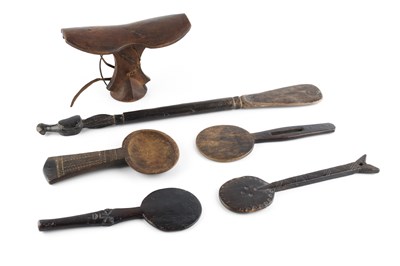 Lot 359 - Three Lozi wooden cooking ladles; another...