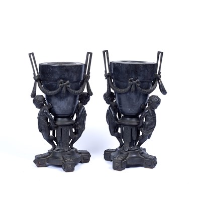 Lot 24 - A pair of 19th century bronze and slate urns,...