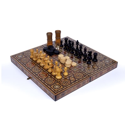 Lot 231 - A Moorish inlaid mosaic wooden folding chess...