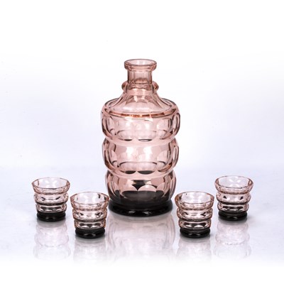 Lot 435 - Art Deco pink and black, cut glass decanter...