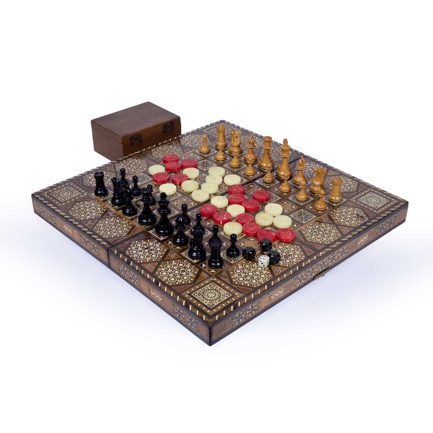 Lot 232 - A Moorish inlaid mosaic wooden folding chess