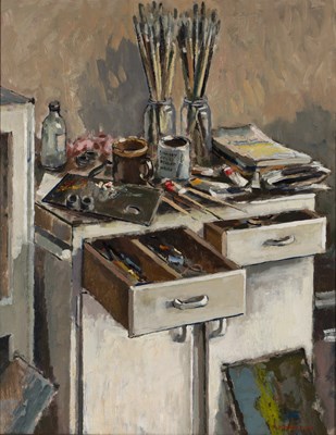 Lot 212 - Ronald Morgan (b.1936) 'Artists paint table'...