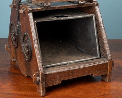 Lot 19 - A 19th century Benham & Froud aesthetic oak and wrought iron coal box