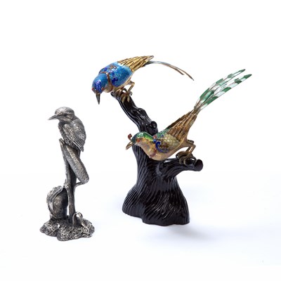 Lot 255 - Two Oriental enamel birds, resting on a tree...