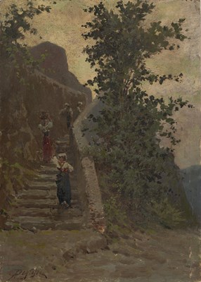 Lot 39 - A * Pegrassi (?) Figures on stone steps in a...