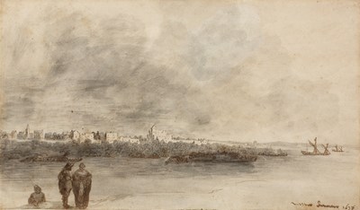 Lot 44 - English school Figures by an estuary at low...