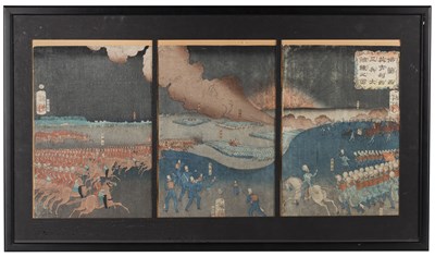 Lot 305 - Yoshitoshi Battle scene, triptych woodblock in...