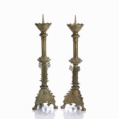 Lot 462 - Pair of Ecclesiastical pricket candlesticks...