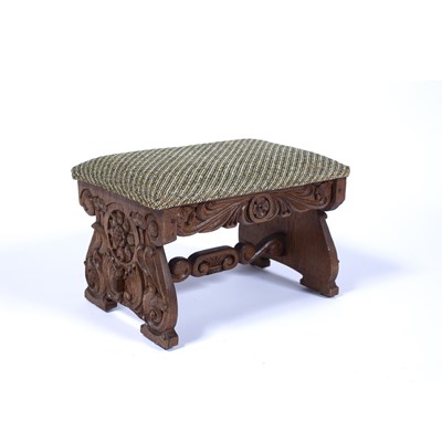 Lot 51 - Arts and Crafts Oak stool, with carved...