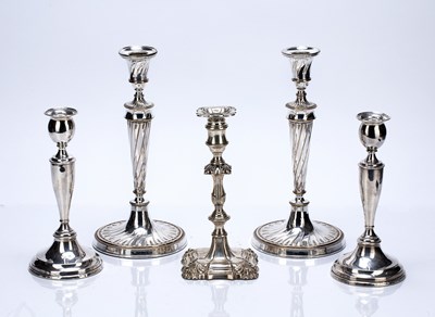 Lot 503 - Silver and silver plated candlesticks...