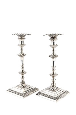 Lot 349 - A pair of silver candlesticks, with spirally...