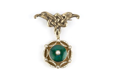 Lot 83 - An enamel and half pearl pendant, centred with...