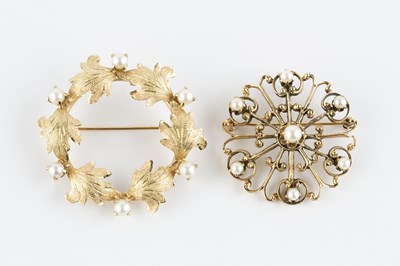 Lot 111 - Two cultured pearl panel brooches, the first...