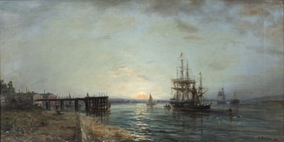 Lot 324 - Auguste Ballin (1842-1885) Shipping at dusk,...