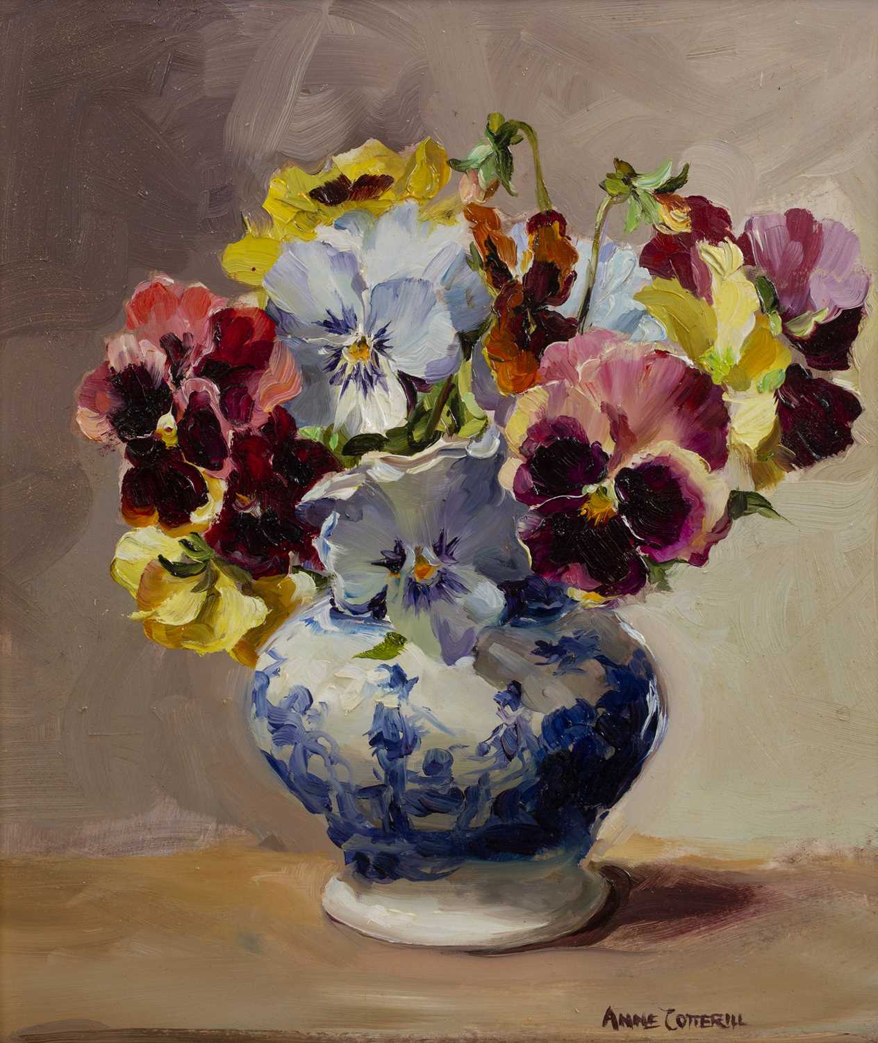 Lot 389 - Anne Cotterill (1933-2010) 'Pansies in a blue...