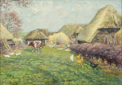 Lot 420 - Owen Dalziel (1861-1942) Farmyard with cattle...